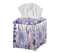 Allcute Decorative Purple Floral Lavender Square Tissue Box Cover, Waterproof PU Leather, 13x13x14 CM