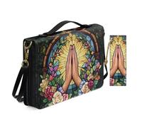 Allcute Floral Stained Glass Praying Hands Bible Cover Case for Women with Bookmark Personalized Print Church Study Bible Case with Shoulder Strap Handle Durable Pu Leather Book Covers Holder Brown