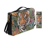 Allcute Fork Art Floral Majestic Tiger Bible Covers for Women Girls Detachable Shoulder Strap Pu Leather Bible Case with Bookmark Pockets Green Lightweight Carrying Bible Bag with Handle