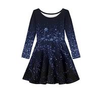 Allcute Girl's Long Sleeve A Line Dress Black Sparkle Snowflake Round Neck Fall Winter Holiday Party Dance Swing Skater Dress for Big Girls 11-12 Years Old Kids Cute Midi Twirly T Shirt Dress