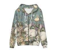 Allcute Graphic Print Zip Up Hoodie Women Comfy Spring Loose Fit Whimsical Floral Rabbit Hoodies with Front Pockets Zipper Grey Hoodied Sweatshirts for Women Hang Out Casual Fall Fun Jackets