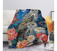 Allcute Illustration Art Moon Floral Owl Blanket Print Sofa Throws for Winter Fall Throw Blanket Blue Lightweight Warm Flannel Fluffy Blankets for Couch Bed Living Room Decor