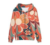 Allcute Novelty Graphic Women Hoodies Fall Jacket with Drawstring Strap Hippie Wavy Line Flower Print Orange Zip Up Hoodie for Women Ladies Trendy Soft Loose Fit Hooded Tops Spring Clothes