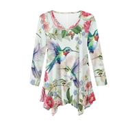 Allcute Plus Size Tops for Women Long Sleeve Floral Hummingbird Tunic Blouse Spring Casual Basic Loose Fit V Neck Swing Top White Womens Flowy Long Shirts To Wear with Leggings