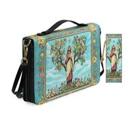 Allcute Religious Theme Floral Tree Jesus Bible Cover Case for Women with Bookmark Personalized Print Church Study Bible Case with Shoulder Strap Handle Durable Pu Leather Book Covers Holder Blue