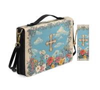 Allcute Retro Floral Ornate Cross Bible Cover Case for Women with Bookmark Personalized Print Church Study Bible Case with Shoulder Strap Handle Durable Pu Leather Book Covers Holder Blue
