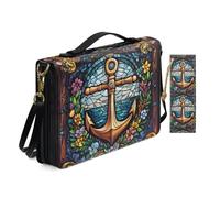 Allcute Stained Glass Style Ocean Floral Anchor Bible Cover Case for Women with Bookmark Personalized Print Church Study Bible Case with Shoulder Strap Handle Pu Leather Book Covers Holder Blue