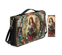 Allcute Vintage Stained Glass Art Angel Bible Cover Case for Women with Bookmark Personalized Print Church Study Bible Case with Shoulder Strap Handle Durable Pu Leather Book Covers Holder Brown