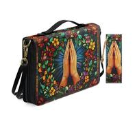 Allcute Vintage Wreath Praying Hands Bible Bags for Women Travel Church Waterproof Pu Leather Bible Cover Case with Bookmark Shoulder Strap Scripture Carrying Case