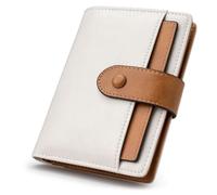 Alldaily Small RFID Blocking Leather Wallet for Women, Bifold with 10 Card Slots and Zipper Pocket, White with Brown, Modern