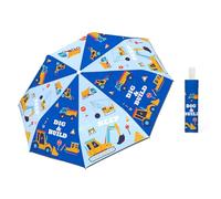 alldomess Automatic Kids Umbrella Portable, Folding Compact Kids Parasol Uv Protection for Girls Boys, Windproof Childrens Umbrella Outdoor Travel Lightweight for Toddler, Blue Engineering Vehicle