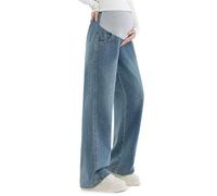 Alled Maternity Jeans Over Belly, Womens Pregnancy Wide Leg Stretchy Adjustable Waist Pants, Maternity Jeans Loose with Pockets Lounge Trousers Blue