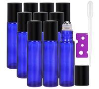 Alledomain 10 Pcs, 10 Ml Essential Oils Roller Bottles, Refillable Cobalt Blue Glass Roll on Bottles with Black Caps & Stainless Steel Balls, Includes 1 Opener & 1 Dropper