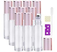 Alledomain 10Pcs, 10ml Essential Oil Roller Bottles Refillable Transparent Glass Roll on Bottle Clear Roll Bottle with Stainless Steel Balls & Rose Gold Cap, Include 12 Labels, Dropper & Opener