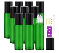 Alledomain 10Pcs, 10ml Essential Oils Roller Bottles - Glass Roll on Bottles with Stainless Steel Roller Balls - Included 1 Bottle Opener & 1 Dropper - Perfect for Aromatherapy (Green)