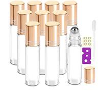 Alledomain 10Pcs, 10ml Transparent Essential Oil Roller Bottles Refillable Clear Glass Roll on Bottles with Stainless Steel Roller Balls & Golden Cap, Include Labels, Dropper & Opener