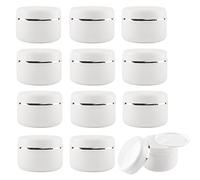 Alledomain 12Pcs 50ml/50g White Cosmetic Sample Jars with 3Pc Mini Spatulas & 12 Label, Plastic Refillable Travel Pot Containers with Silver Dome Lids & Inner Liners for Makeup Creams Beauty Nails