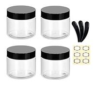 Alledomain 4Pcs 120g/120ml Clear Plastic Jars with 3Pcs Mini Spatulas & Labels Round Cosmetic Sample Container with Inner Liners & Black Lids for Lotions Cream Ointments Travel Makeup Beauty Storage