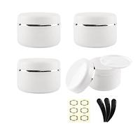 Alledomain 4pcs 150ml/150g White Cosmetic Sample Jars with 3Pcs Mini Spatulas & 6 Labels, Plastic Refillable Travel Pot Containers with Silver Dome Lids & Inner Liners for Makeup Creams Beauty Nails
