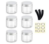 Alledomain 6Pcs 60ml/60g Empty Plastic Jars Round Clear Cosmetic Slime Containers with Inner Liner & Aluminum Lids, Included 3 Mini Spatulas & 12 Labels for Lotion/Cream/Makeup/Sample Travel Storage
