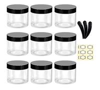 Alledomain 9Pcs 50g/50ml Empty Plastic Jars with 3 Mini Spatulas & 12 Labels Round Clear Cosmetic Sample Container with Inner Liners & Black Lids Travel Storage for Lotion Cream Ointments Makeup