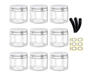 Alledomain 9Pcs 50g/50ml Empty Plastic Jars with 3 Mini Spatulas & 12 Labels Round Clear Cosmetic Sample Container with Inner Liners & Aluminum Lids Travel Storage for Lotion Cream Ointments Makeup