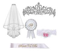Alledomain Bride to be Decoration Set for Hen Night Party/Bachelorette Party, Set of 5 Includes Rhinestone Tiara, Bridal Wedding Veil, Bride To Be Sash, Rosette Badge and Garter