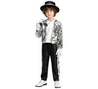 Allegorly Kid Sequin Performance Costume Set with Fedora Hat Tie Shirt Trousers Striped Jacket Stage Performance Dance Outfit Fancy Dress 80s Disco Costume Complete Set Pop Star Stage Outfit