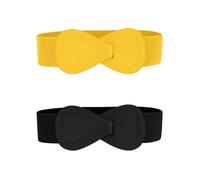 Allegra K 2Pcs Plus Size Interlock 8-shaped Faux Leather Buckle Elastic Waist Belt for Lady Black & Yellow 85x6cm/33.5x2.36(LxW)