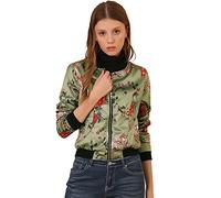 Allegra K 8127 Women's Stand Collar Zip Up Floral Print Bomber Jacket, Light Green, L