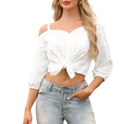 Allegra K Asymmetrical Top Women 3/4 Sleeve Off Shoulder Button Crop White