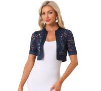 Allegra K Bolero Shrug for Women Satin Panel Short Sleeve Lace Cardigan Dark Blue XS