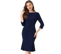 Allegra K Business Elegant Funeral Dresses for Women's Boat Neck 3/4 Sleeve Pleated Modest Midi Dress Dark Blue S