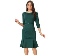 Allegra K Business Elegant Funeral Dresses for Women's Boat Neck 3/4 Sleeve Pleated Modest Midi Dress Dark Green M