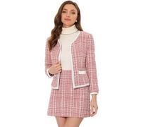 Allegra K Business Suit Set for Women's Christmas 2 Piece Outfits Plaid Tweed Easter Short Blazer Jacket and Skirt Sets Pink S