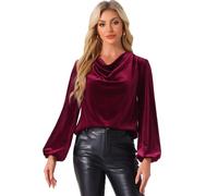 Allegra K Casual Velvet Blouse for Women's Cowl Neck Lantern Sleeve Tops Wine Red XL