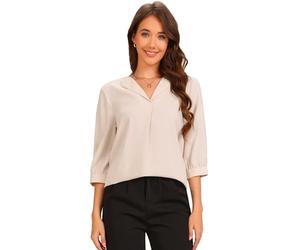 Allegra K Collar Relaxed Blouse for Women's 3/4 Sleeve Ruched V Neck Casual Blouses Top Apricot XS