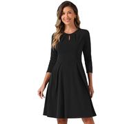 Allegra K Crew Neck Dress for Women's Above Knee 3/4 Sleeve Pleated A-Line Casual Elegant Dresses Black XS
