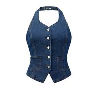 Allegra K Denim Vest for Women's Halter Neck Button Down Backless Jean Waistcoat Dark Blue L