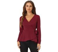 Allegra K Dressy Casual Wrap Peplum Tops for Women's Elegant V Neck Long Sleeves Tie Waist Knit Blouse Red L