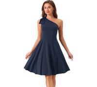 Allegra K Elegant Dresses for Women Bow One Shoulder with Pockets A-line Cocktail Party Dress Dark Blue L