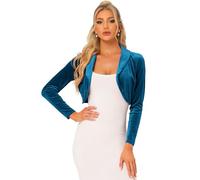 Allegra K Elegant Velvet Shrug for Women's Open Front Long Sleeve Bolero Crop Cardigan Peacock Blue L