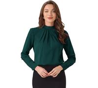 Allegra K Fall Winter Stand Collar Chiffon Blouse for Women's Long Sleeve Business Casual Work Shirt Dark Green L