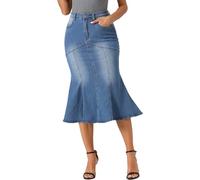 Allegra K Fishtail Denim Skirt for Women's Washed Midi Jean Bodycon Skirt Sky Blue L