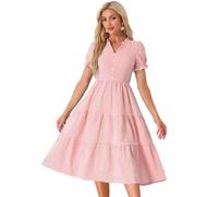 Allegra K Gingham Dress for Women Flowy Ruffle Tiered Midi Dresses | Summer 2026, Short Sleeve, V Neck, A-Line, Button Decor, Plaid Print, Beach Vacation