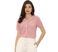 Allegra K Gingham Plaid Shirts, Plaid Top for Women, Ruffle Collar Blouse, Short Sleeve Checked Shirt Tops Pink M