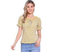 Allegra K Gingham Top for Woman's Christmas 2025 Plaid Peasant Round Neck Ruffles Cute Puff Sleeve Tops Small Purple Yellow