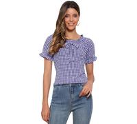 Allegra K Gingham Top for Woman's Christmas 2025 Plaid Peasant Round Neck Ruffles Cute Puff Sleeve Tops Medium Dark Blue