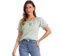 Allegra K Gingham Top for Woman's Christmas 2025 Plaid Peasant Round Neck Ruffles Cute Puff Sleeve Tops Large Green