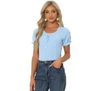Allegra K Gingham Top for Woman's Christmas 2025 Plaid Peasant Round Neck Ruffles Cute Puff Sleeve Tops Large Blue